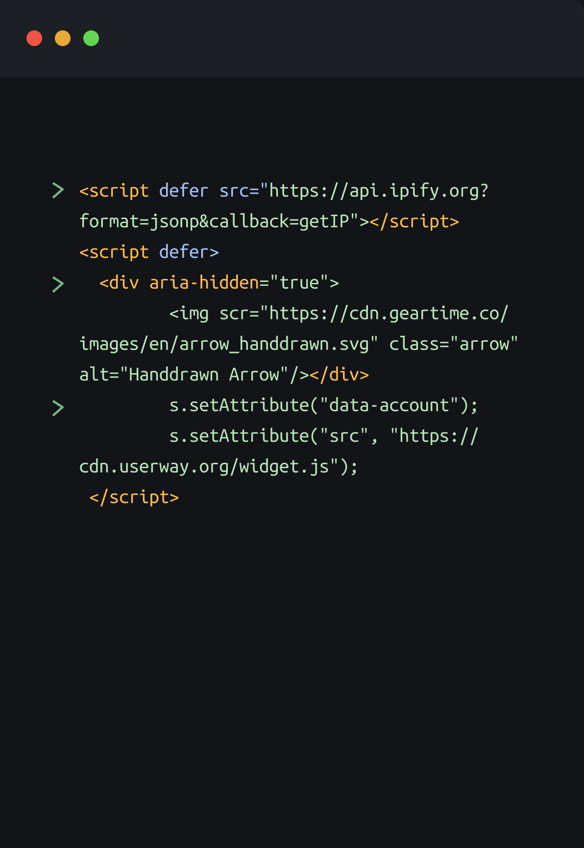 Code snippet showing alt text and ARIA attributes for an image of an arrow